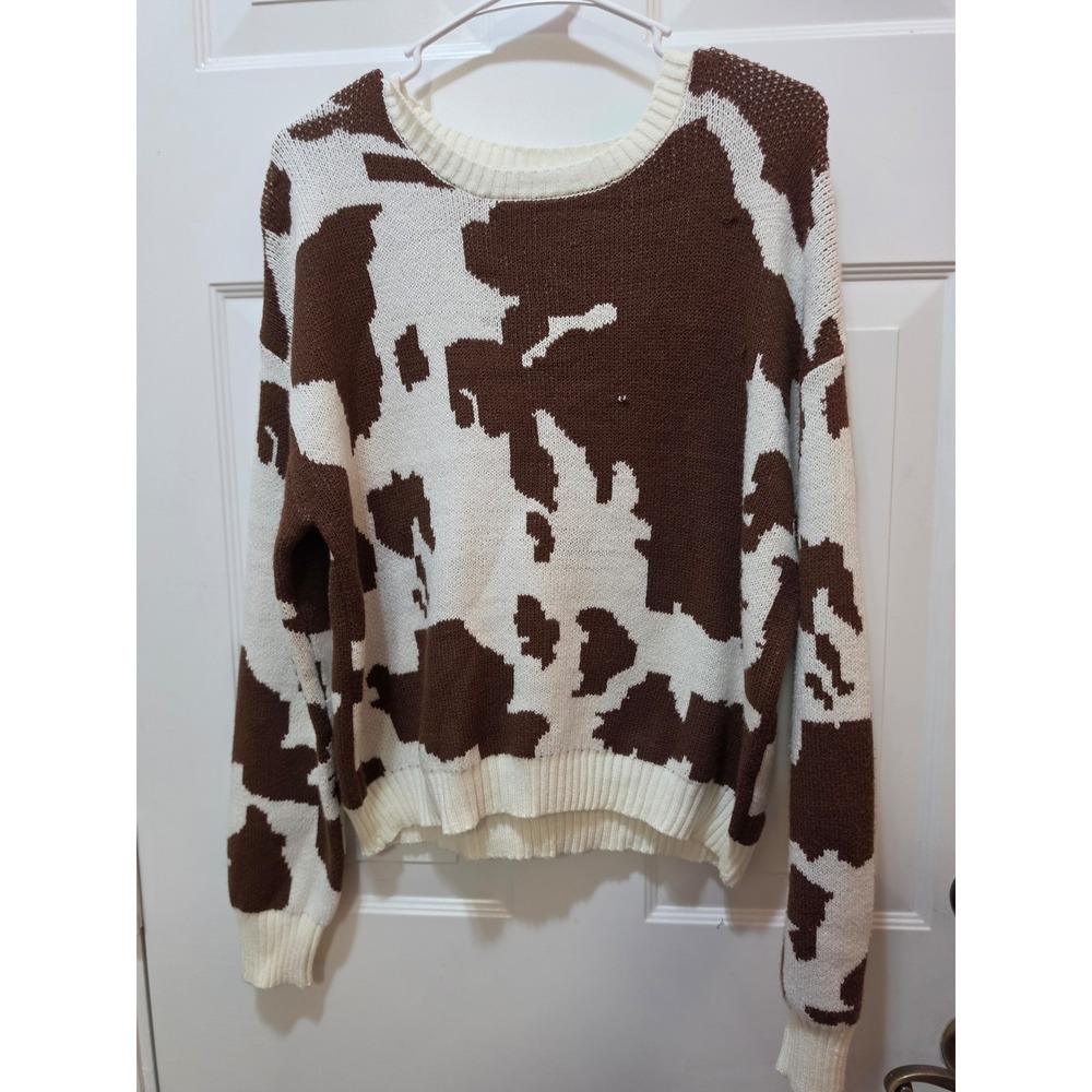 Agua Blues Cow Print Knitted Crewneck Sweater Brown White Size L
